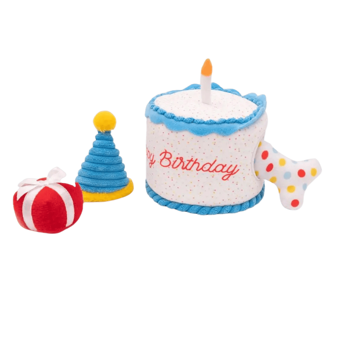 Jouet pour anniversaire chien ZippyPaws avec trois petits jouets couineur et un gâteau