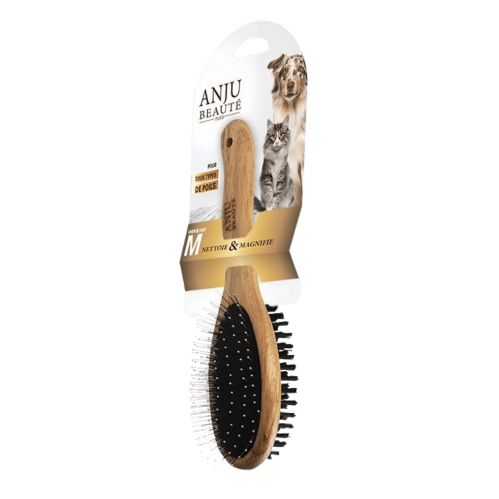 Brosse poils chien double face en bois et nylon