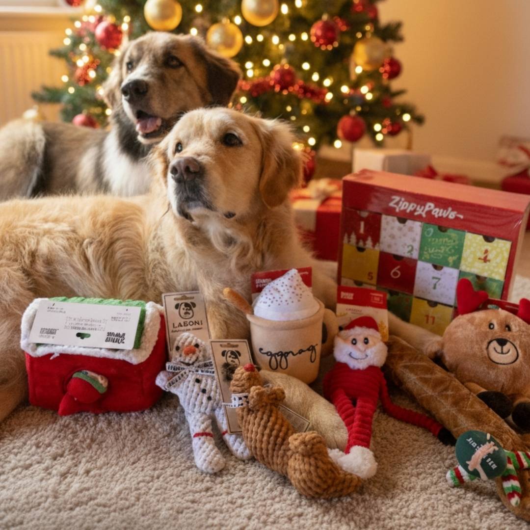 Deux chiens posant avec plusieurs jouets de Noël pour chien avec un joli fond de Noël