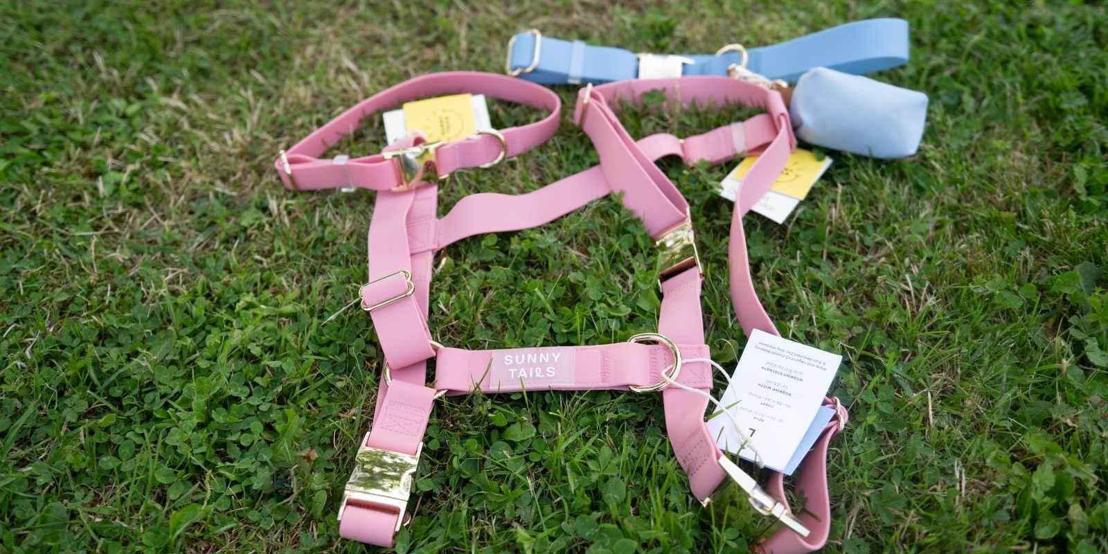 Un harnais pour chien Sunny Tails rose posé dans l'herbe