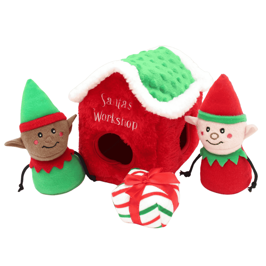 Jouet de Noël interactif pour chien Holiday Burrow avec lutins et cadeau sonores