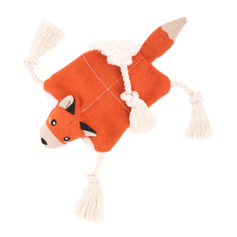Jouet renard pour chien plat sans rembourrage avec corde, sherpa et feutre