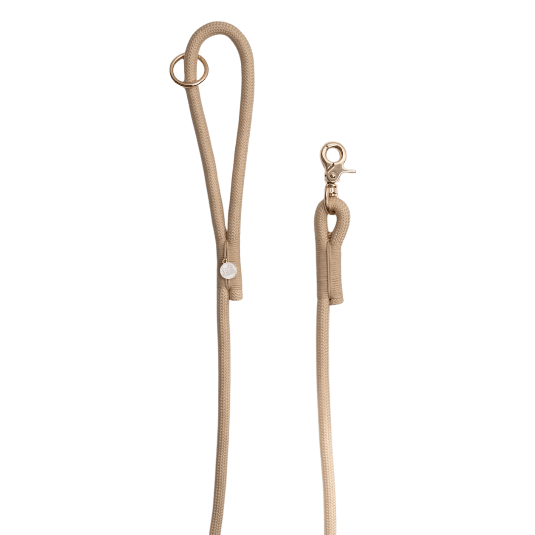 Laisse chien corde tressée beige Furlou – détails poignée et anneau O-ring
