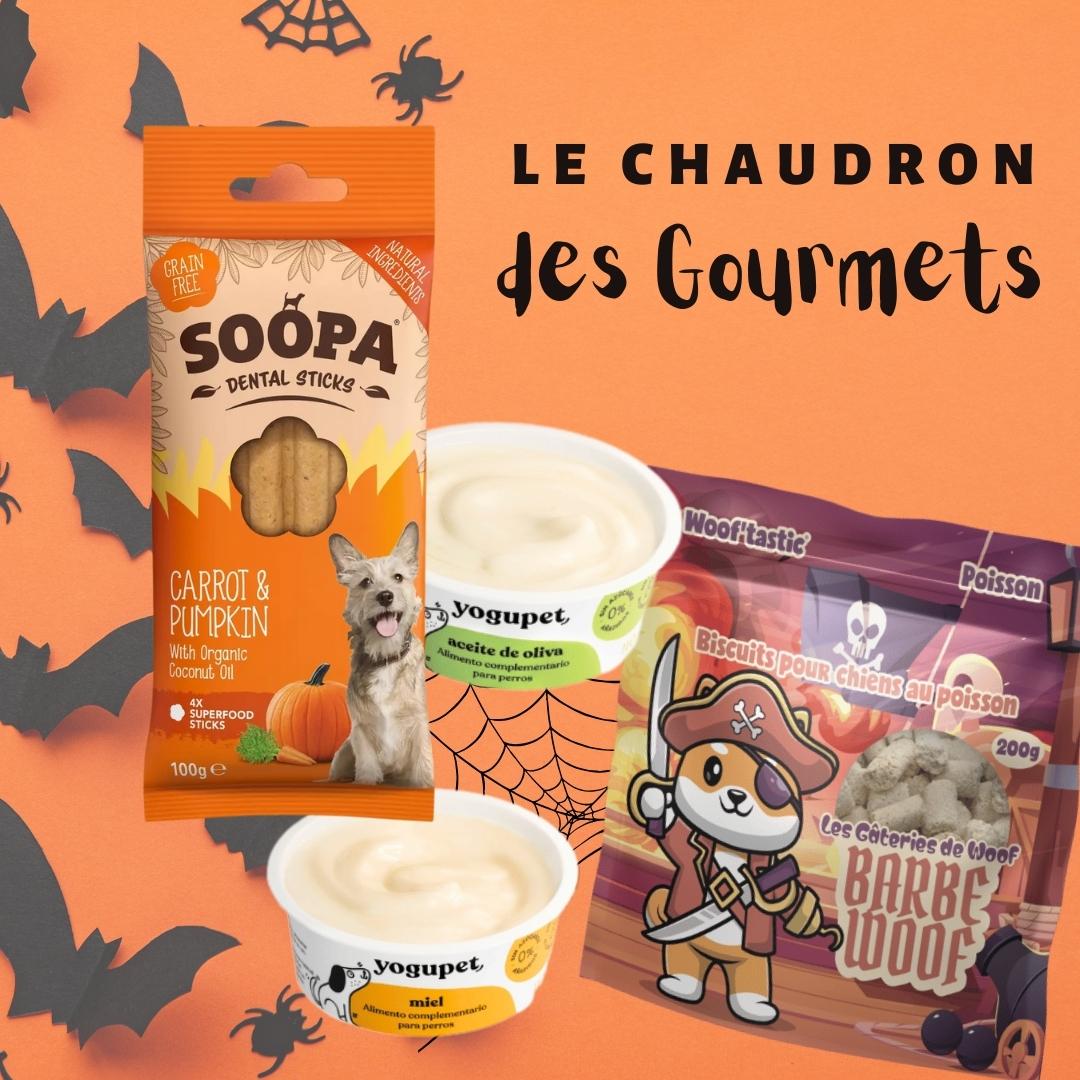 Pack Halloween chien Le Chaudron des Gourmets avec friandises et gourmandises