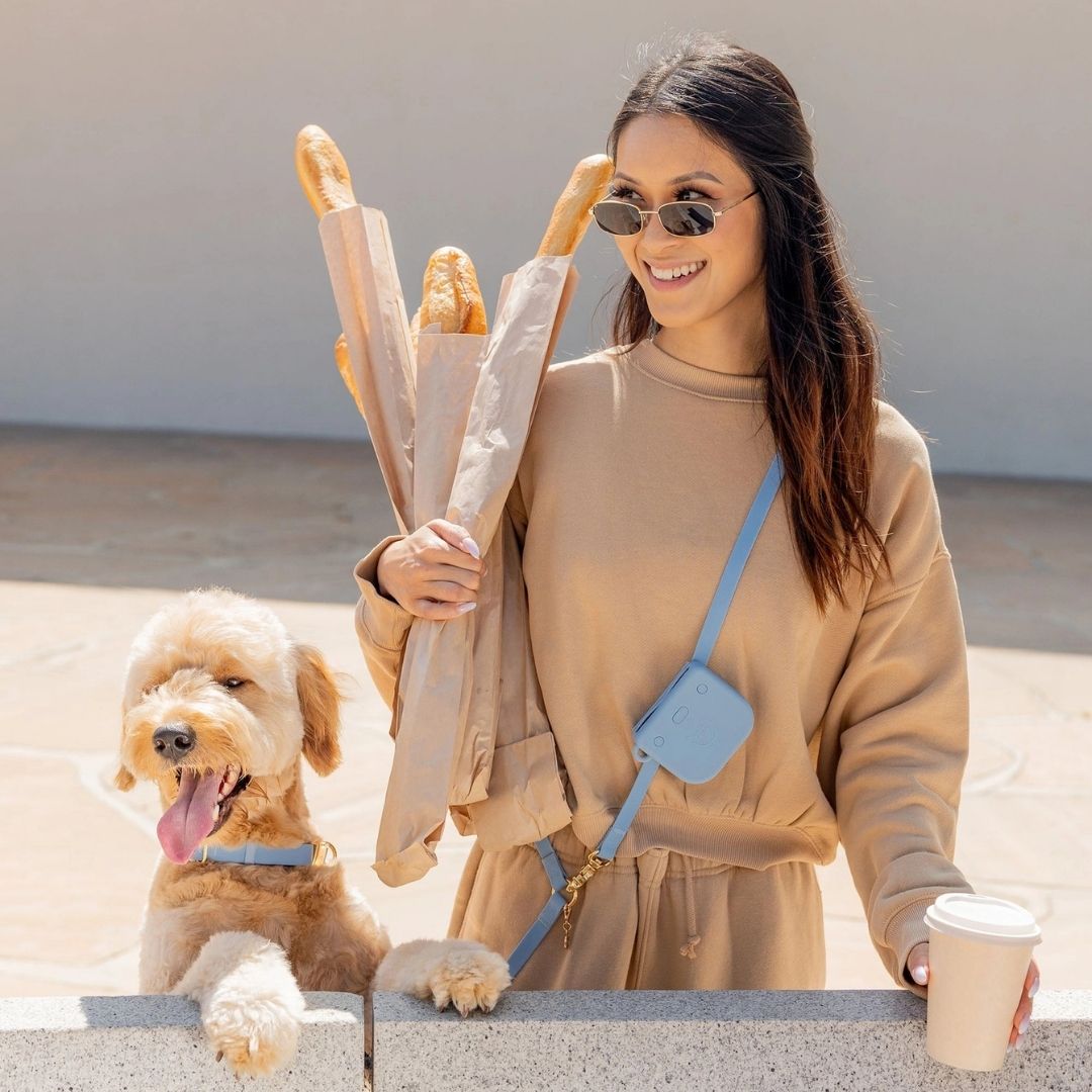 Pochette à friandises pour chien en silicone aimantée Sunny Tails sur la laisse assortie – coloris bleu