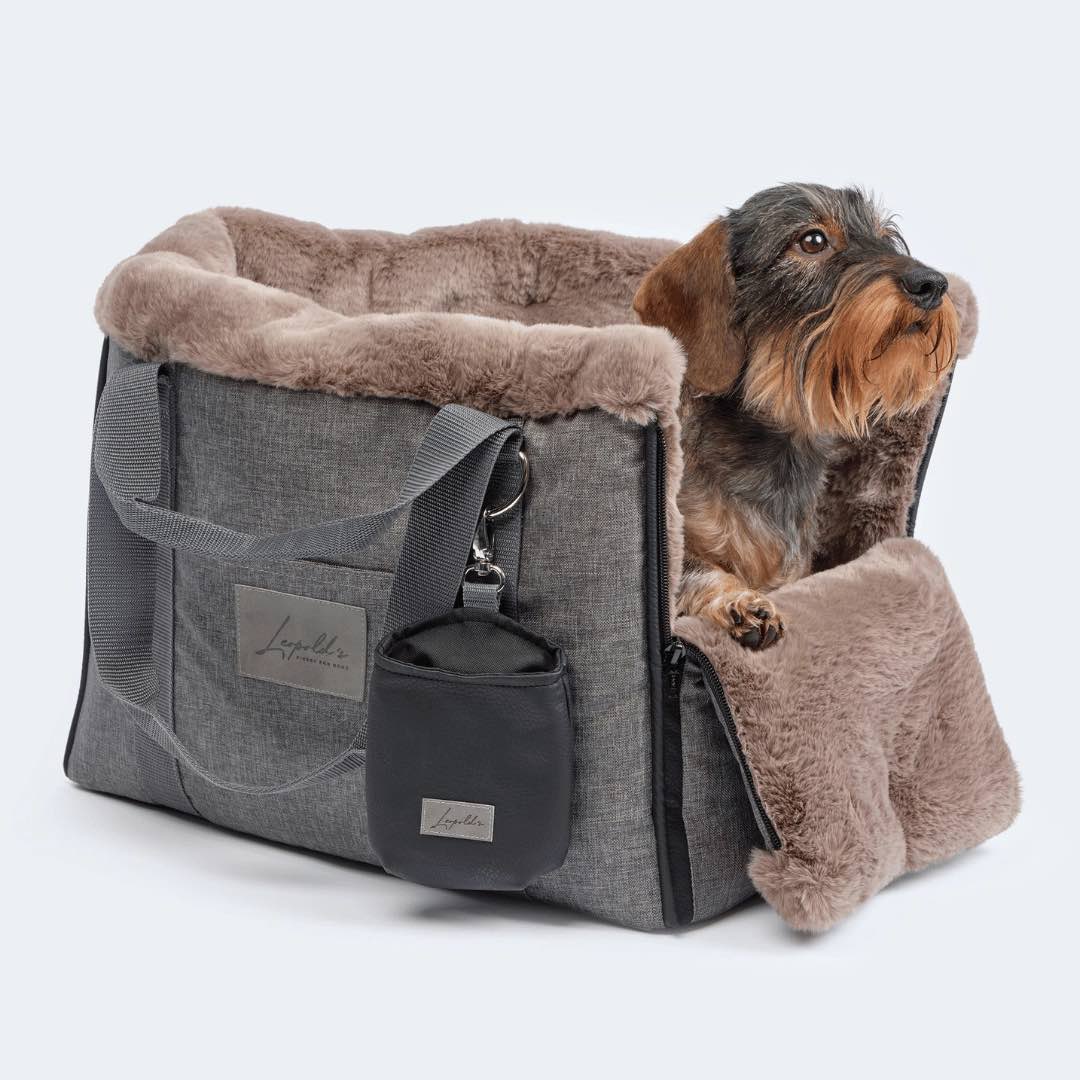 Petit chien dans un sac de transport moelleux et élégant