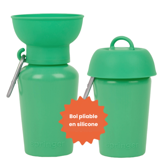 Gourde pour chien verte avec bol intégré ouvert